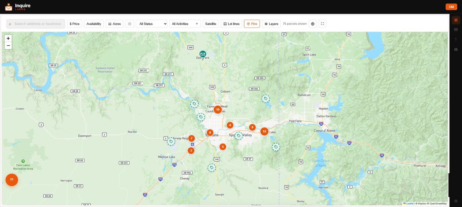 Inquire Lands live map showing parcels and inquiry pins around Spokane and Deer Park, Washington