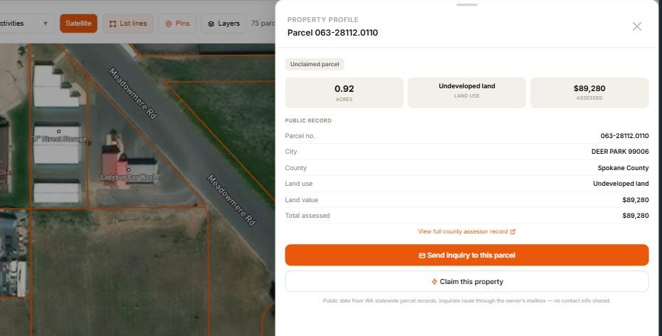 A property profile on Inquire Lands showing public-record details for a Deer Park parcel with Send inquiry and Claim this property buttons